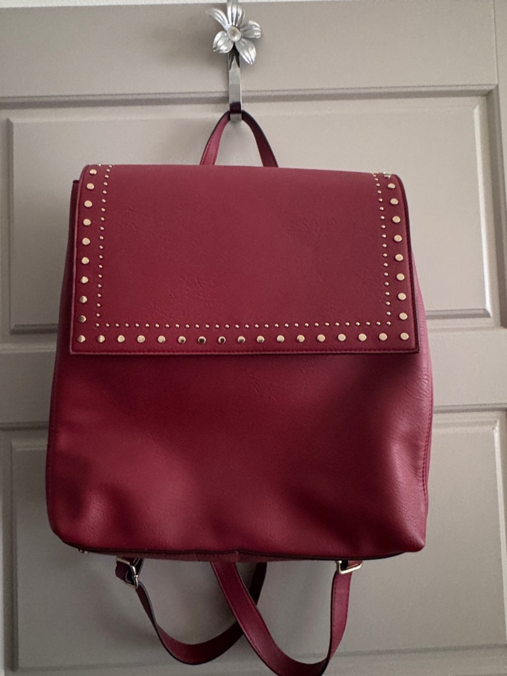 Women's Red Studded Faux-Leather Backpack